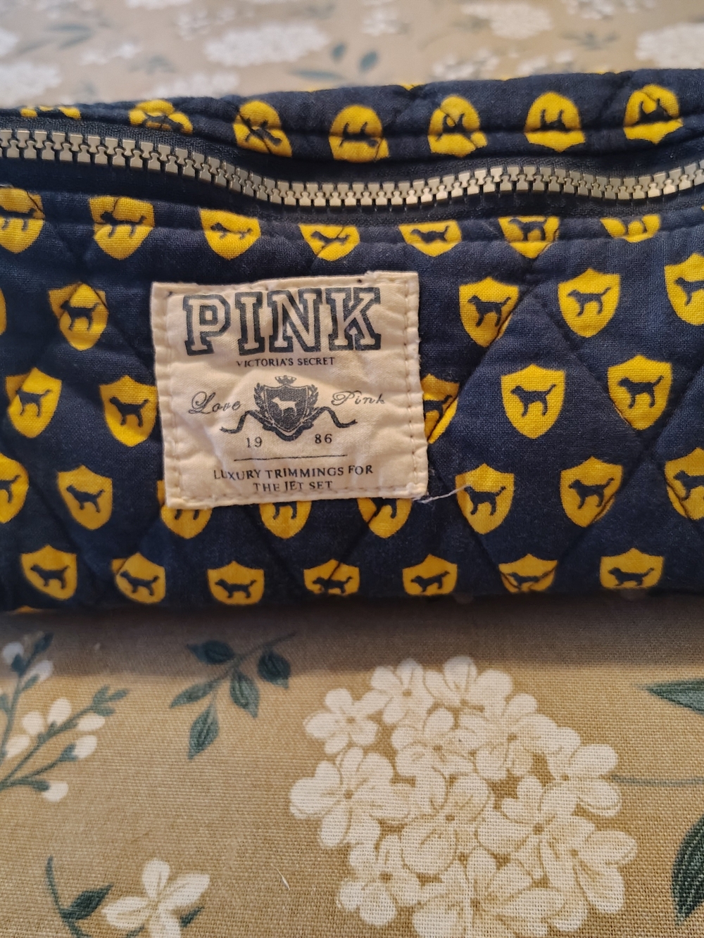 PINK Victoria's Secret Navy Quilted Cosmetic Pouch with Yellow Shield Print
